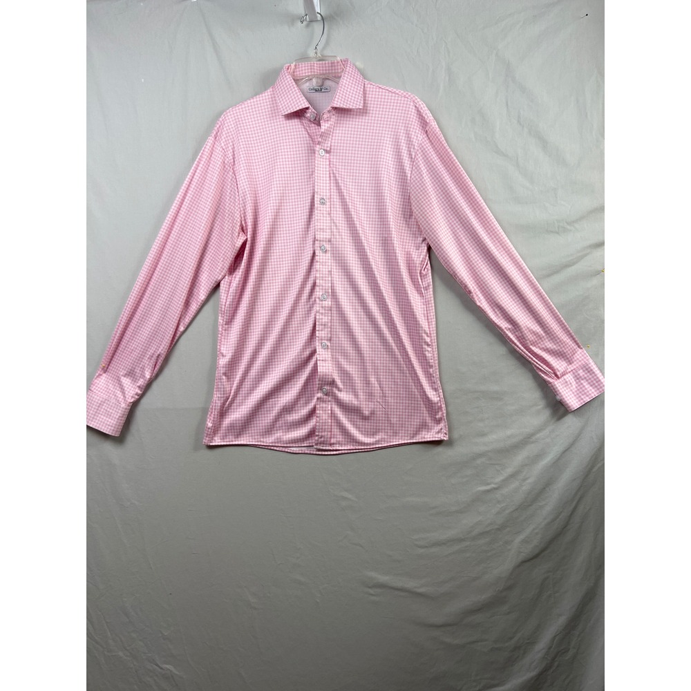 Collars & Co. Dress Collar Polo Mens Medium Pink Gingham Long Sleeve Button Up